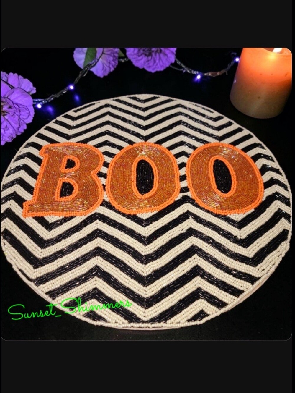 Sparkly Beaded HALLOWEEN "BOO" iridescent Herringbone Placemat / Centerpiece New